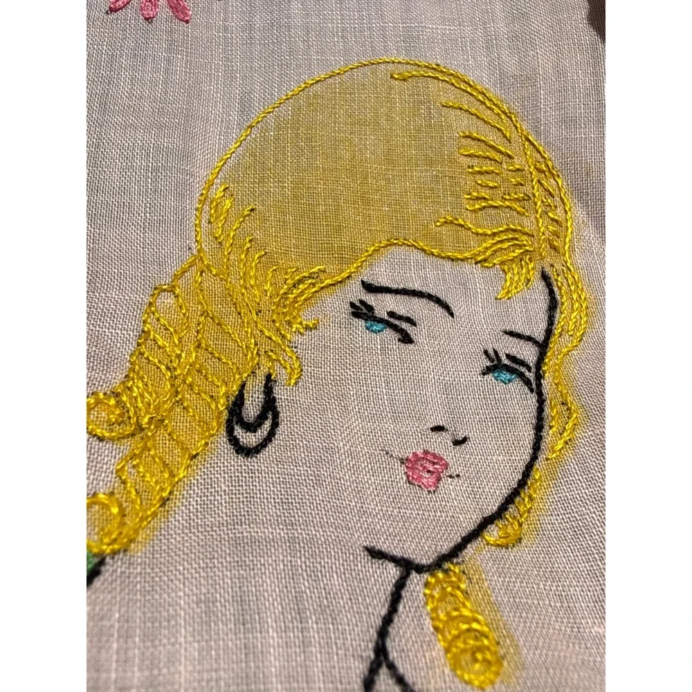 Vintage 1920s Art Deco Tea Apron Hand Painted Flapper Girl Chinoiserie Pink Blue